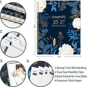 2025-2027 Monthly Planner - 2 Year Monthly Planner/Calendar 2025-2027, Academic Planner 2025-2027, Jul 2025 - Jun 2027, 11" x 9", 24 Months, Tabs, Back Pocket, Holidays, Twin-Wire Binding, Note Pages