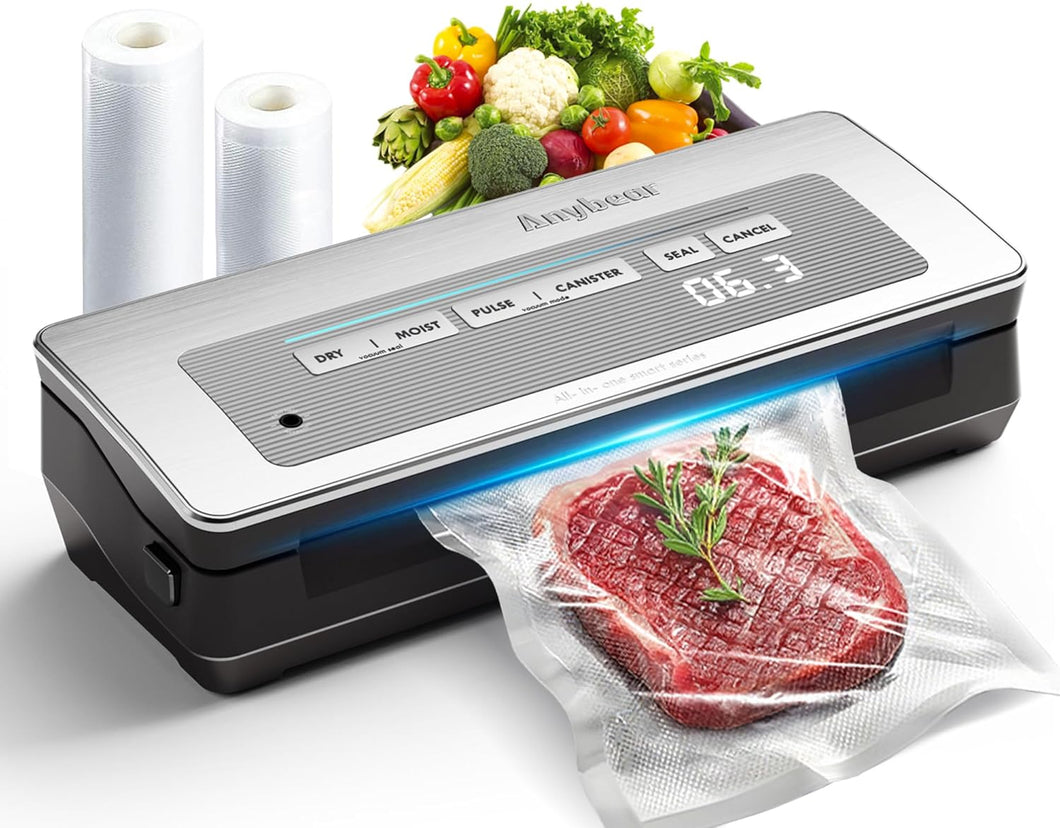 Vacuum Sealer Machine, Powerful 90kPa 120W Wide Seal All-in-1 Food Storage Sealer with 2 Bag Rolls and 5pcs Pre-cut Bags, Built-in Cutter, Bags Storage and Digital Countdown Display