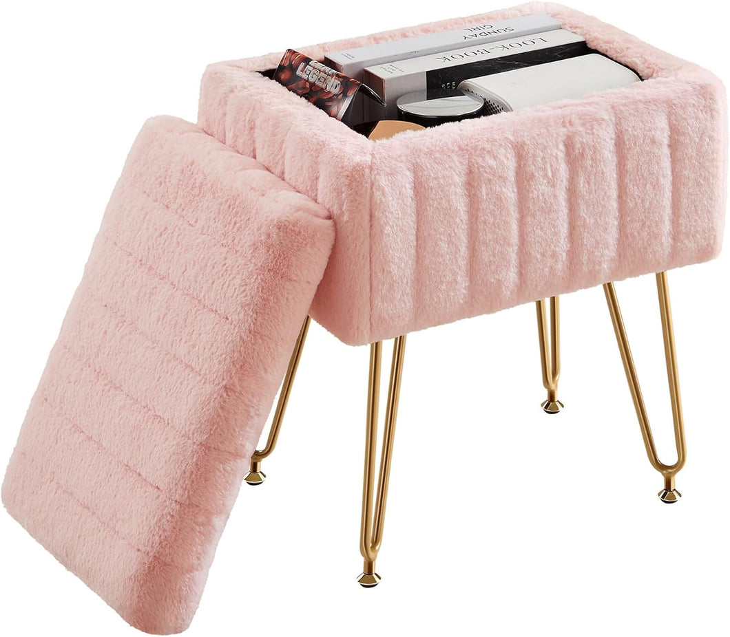 Casabay Vanity Stool Chair with Storage, Faux Fur Footstool Ottoman with Metal Legs & Anti-Slip Adjustable Feet for Bedroom, Entryway (Pink)