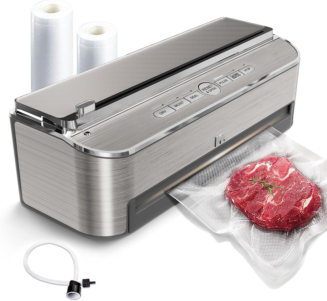 Vacuum Sealer Machine 85kPa 120W Powerful Sealing System, Automatic Food Sealer with 2 Bag Rolls and 5pcs Pre-cut Bags, Built-in Cutter, Bags Storage, Moist Mode and Air Suction Hose
