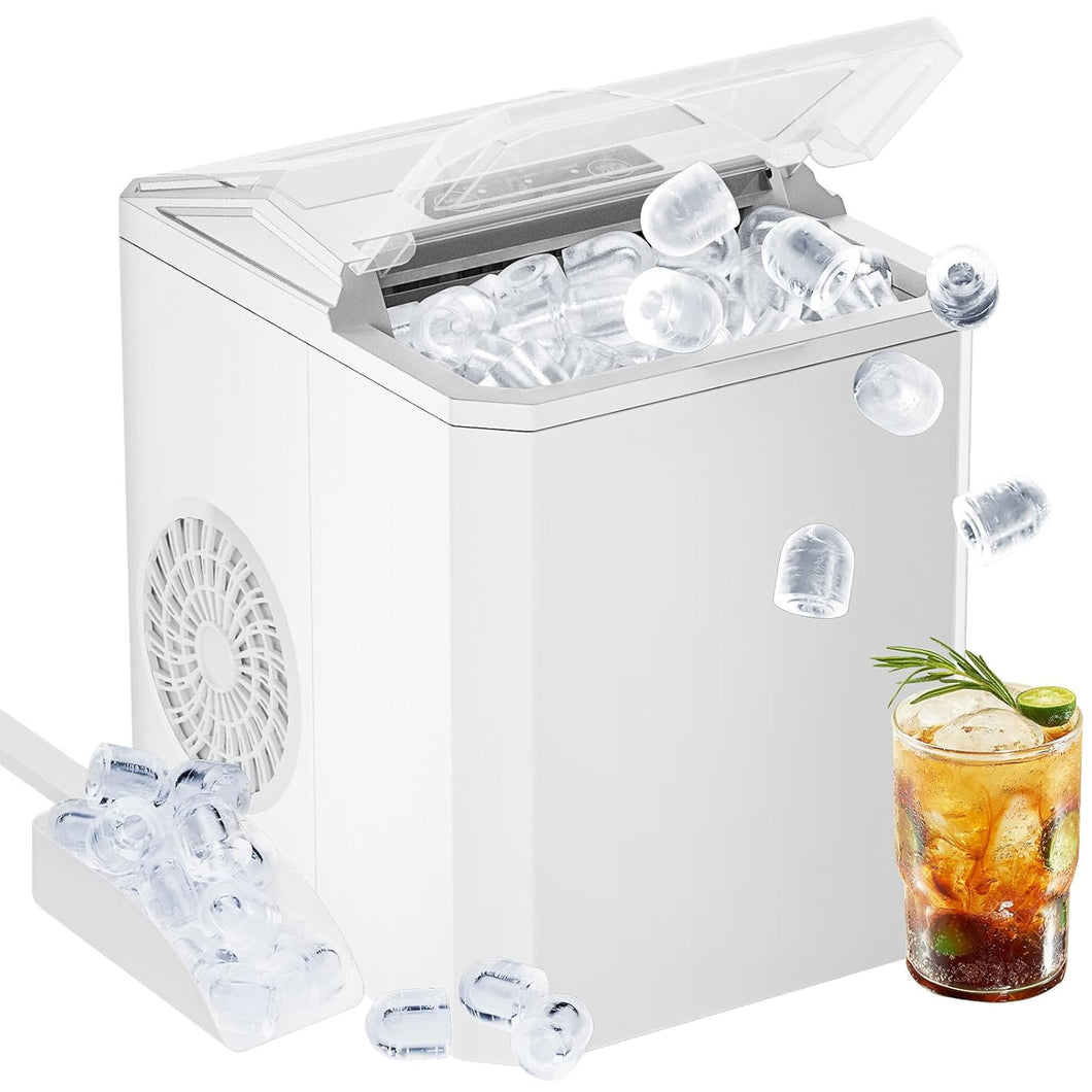 Casabay Portable Ice Maker, 9 Cubes in 6 Mins, 26 lbs/Day, Self-Cleaning, 2 Bullet Sizes, for Home & Office (White)