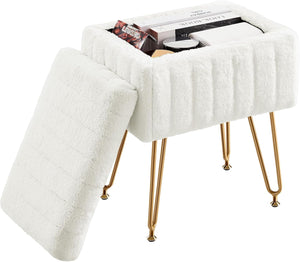 Casabay Vanity Stool Chair with Storage, Faux Fur Footstool Ottoman with Metal Legs & Anti-Slip Adjustable Feet for Bedroom, Entryway