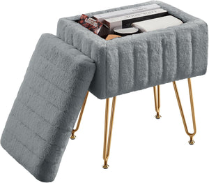Casabay Vanity Stool Chair with Storage, Faux Fur Footstool Ottoman with Metal Legs & Anti-Slip Adjustable Feet for Bedroom, Entryway (Gray)