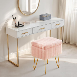 Casabay Vanity Stool Chair with Storage, Faux Fur Footstool Ottoman with Metal Legs & Anti-Slip Adjustable Feet for Bedroom, Entryway (Pink)
