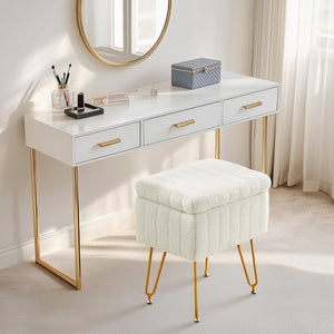 Casabay Vanity Stool Chair with Storage, Faux Fur Footstool Ottoman with Metal Legs & Anti-Slip Adjustable Feet for Bedroom, Entryway