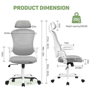 Casabay Ergonomic Office Chair, High-Back Mesh Desk Chairs with Flip-up Armrest Adjustable Headrests, Comfortable Lumbar Support, for Home, Work, Study (Gray)