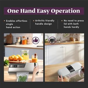 Vacuum Sealer Machine Powerful 95kPa 140W One Hand Operation Food Sealer Built-in Cutter & Countdown Display Double Seal Strip with 2 Bag Rolls, 5PCS Pre-cut Bags, PULSE & Marinate Enabled