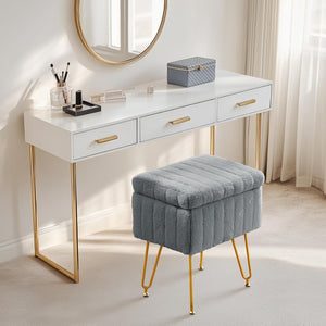 Casabay Vanity Stool Chair with Storage, Faux Fur Footstool Ottoman with Metal Legs & Anti-Slip Adjustable Feet for Bedroom, Entryway (Gray)