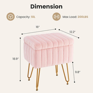 Casabay Vanity Stool Chair with Storage, Faux Fur Footstool Ottoman with Metal Legs & Anti-Slip Adjustable Feet for Bedroom, Entryway (Pink)
