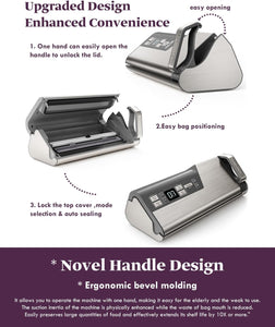 Vacuum Sealer Machine Powerful 95kPa 140W One Hand Operation Food Sealer Built-in Cutter & Countdown Display Double Seal Strip with 2 Bag Rolls, 5PCS Pre-cut Bags, PULSE & Marinate Enabled