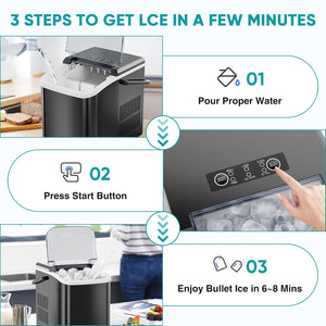 Ice Maker, Portable Countertop Ice Machine Quiet Cubes Makers with Ice Scoop, Basket and Handle Self-Cleaning, 9 Cubes in 6 Mins, 26.5lbs/24Hrs, 2 Sizes of Bullet Ice for Home Kitchen Party Office