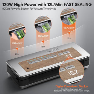 Vacuum Sealer Machine, Powerful 90kPa 120W Wide Seal All-in-1 Food Storage Sealer with 2 Bag Rolls and 5pcs Pre-cut Bags, Built-in Cutter, Bags Storage and Digital Countdown Display