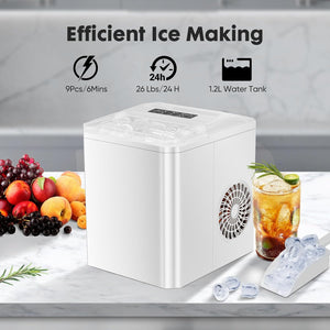 Casabay Portable Ice Maker, 9 Cubes in 6 Mins, 26 lbs/Day, Self-Cleaning, 2 Bullet Sizes, for Home & Office (White)