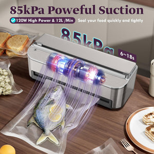 Vacuum Sealer Machine 85kPa 120W Powerful Sealing System, Automatic Food Sealer with 2 Bag Rolls and 5pcs Pre-cut Bags, Built-in Cutter, Bags Storage, Moist Mode and Air Suction Hose