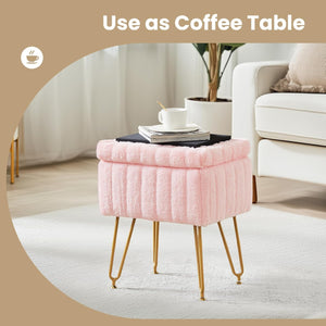 Casabay Vanity Stool Chair with Storage, Faux Fur Footstool Ottoman with Metal Legs & Anti-Slip Adjustable Feet for Bedroom, Entryway (Pink)