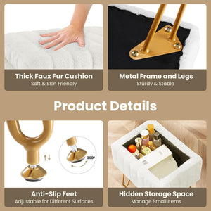 Casabay Vanity Stool Chair with Storage, Faux Fur Footstool Ottoman with Metal Legs & Anti-Slip Adjustable Feet for Bedroom, Entryway