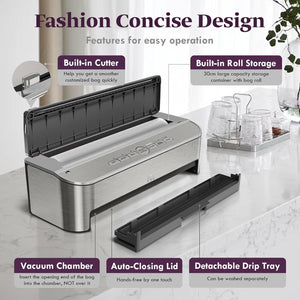 Vacuum Sealer Machine 85kPa 120W Powerful Sealing System, Automatic Food Sealer with 2 Bag Rolls and 5pcs Pre-cut Bags, Built-in Cutter, Bags Storage, Moist Mode and Air Suction Hose