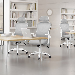 Casabay Ergonomic Office Chair, High-Back Mesh Desk Chairs with Flip-up Armrest Adjustable Headrests, Comfortable Lumbar Support, for Home, Work, Study (Gray)