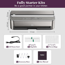 Load image into Gallery viewer, Vacuum Sealer Machine 85kPa 120W Powerful Sealing System, Automatic Food Sealer with 2 Bag Rolls and 5pcs Pre-cut Bags, Built-in Cutter, Bags Storage, Moist Mode and Air Suction Hose
