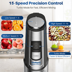 Casabay Immersion Blender - 15 Speed Hand Held 1100W 2-in-1 Stainless Steel with Full Copper Motor, Turbo Mode Hand Mixer, Blade with Anti-Scratch Coating