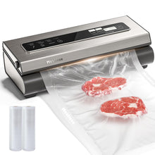 Load image into Gallery viewer, Vacuum Sealer Machine Powerful 90Kpa Precision 6-in-1 Food Preservation System with 2 Bag Rolls &amp; 5 Pre-cut Bags, Widened 12mm Sealing Strip, Built-in Cutter, Dry&amp;Moist Modes, Compact Design, Silver
