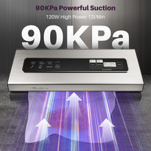 Load image into Gallery viewer, Vacuum Sealer Machine Powerful 90Kpa Precision 6-in-1 Food Preservation System with 2 Bag Rolls &amp; 5 Pre-cut Bags, Widened 12mm Sealing Strip, Built-in Cutter, Dry&amp;Moist Modes, Compact Design, Silver
