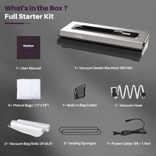 Load image into Gallery viewer, Vacuum Sealer Machine Powerful 90Kpa Precision 6-in-1 Food Preservation System with 2 Bag Rolls &amp; 5 Pre-cut Bags, Widened 12mm Sealing Strip, Built-in Cutter, Dry&amp;Moist Modes, Compact Design, Silver
