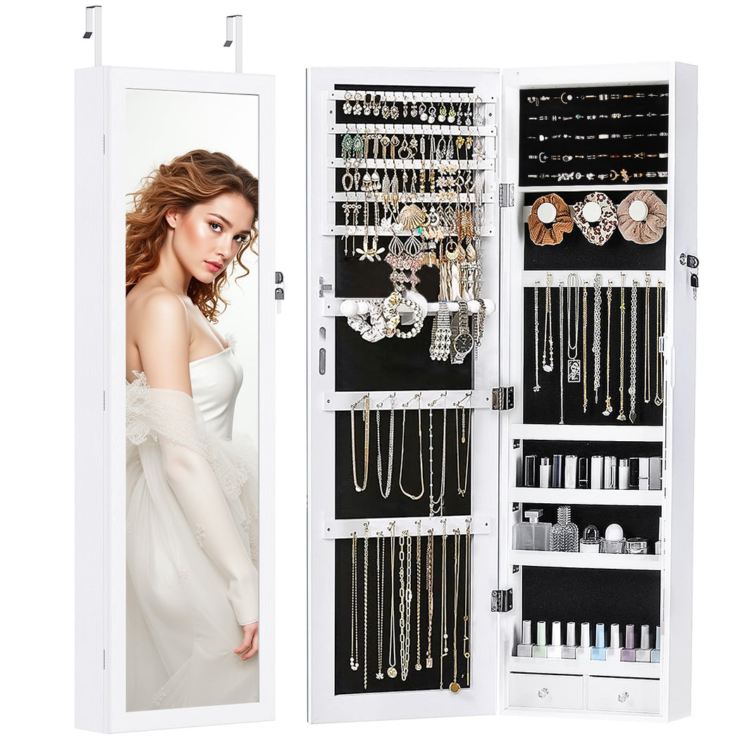 Jewelry Organizer Cabinet, 47.2-Inch Jewelry Armoire Wall or Door Mounted Lockable with Full-Length Mirror, 6 LEDs Large Capacity for Jewelry Storage