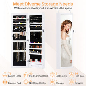 Jewelry Organizer Cabinet, 47.2-Inch Jewelry Armoire Wall or Door Mounted Lockable with Full-Length Mirror, 6 LEDs Large Capacity for Jewelry Storage